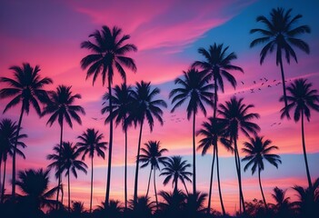 Silhouettes of palm trees against a colorful sunset sky with vibrant orange, pink, and blue hues