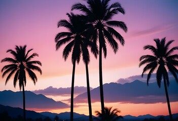 Obraz premium Silhouettes of palm trees against a colorful sunset sky with vibrant orange, pink, and blue hues