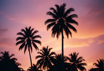 Silhouettes of palm trees against a colorful sunset sky with vibrant orange, pink, and blue hues