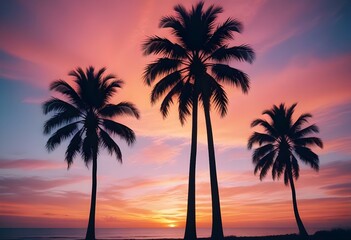 Silhouettes of palm trees against a colorful sunset sky with vibrant orange, pink, and blue hues