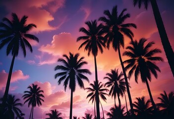 Silhouettes of palm trees against a colorful sunset sky with vibrant orange, pink, and blue hues