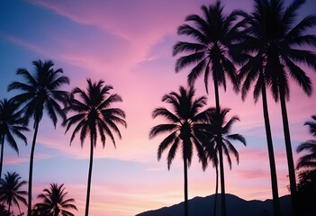 Silhouettes of palm trees against a colorful sunset sky with vibrant orange, pink, and blue hues