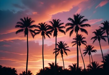 Obraz premium Silhouettes of palm trees against a colorful sunset sky with vibrant orange, pink, and blue hues