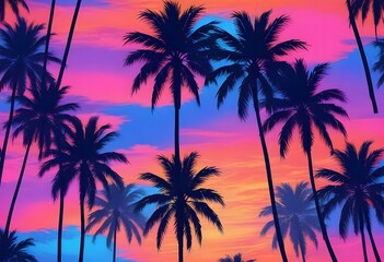 Silhouettes of palm trees against a colorful sunset sky with vibrant orange, pink, and blue hues