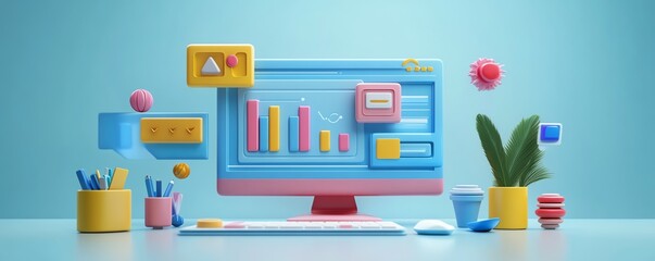 Business team, reviewing digital marketing strategy, 3D illustration
