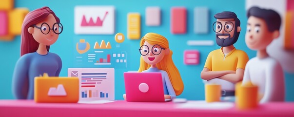 Business team, reviewing digital marketing strategy, 3D illustration