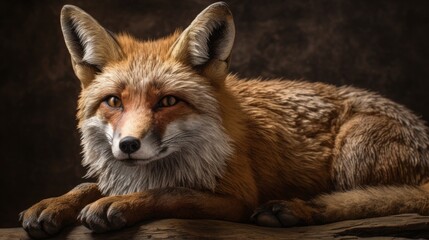 Fototapeta premium A close-up portrait of a fox resting on a log.