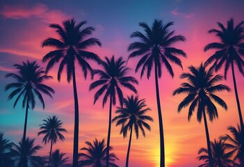 Silhouettes of palm trees against a colorful sunset sky with vibrant orange, pink, and blue hues