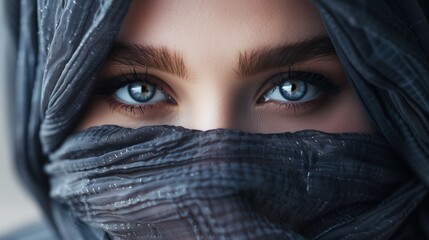 Naklejka premium Close-Up Photograph of Woman's Eyes with Dark Veil, Expressive Blue Eyes, and Intense Gaze