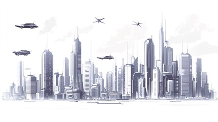 Fototapeta premium A futuristic city skyline with flying cars and skyscrapers.