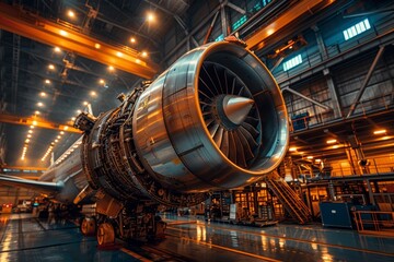 Close up of aircraft turbine engines and propellers  modern fighter and passenger planes overview