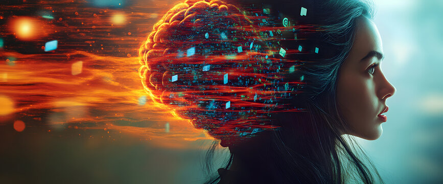 powerful visual metaphor of social media addiction, with a young woman's head bursting open from the pressure of excessive information.information illustrated by a young woman's brain exploding .