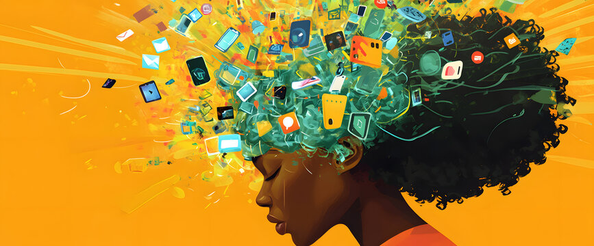 powerful visual metaphor of social media addiction, with a young woman's head bursting open from the pressure of excessive information.information illustrated by a young woman's brain exploding .