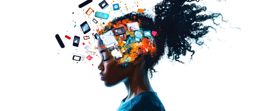 powerful visual metaphor of social media addiction, with a young woman's head bursting open from the pressure of excessive information.information illustrated by a young woman's brain exploding .