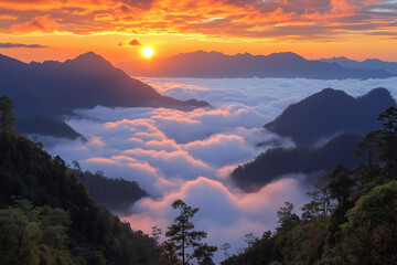 Obraz premium sea of clouds at sunrise over mountain valley with colorful orange sky
