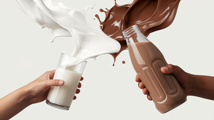 White milk and chocolate milk are floating in the air against a white background. The white milk is in a glass held by one hand, while the chocolate milk is in a plastic bottle held by another hand