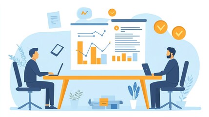 Finance strategy document with growth metrics, team collaboration, flat vector style, isolated on white background