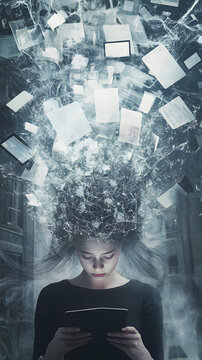 powerful visual metaphor of social media addiction, with a young woman's head bursting open from the pressure of excessive information.information illustrated by a young woman's brain exploding .