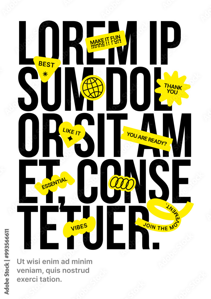 Poster layout template with text frame. design with geometric shapes and y2k patches, labels, tags, sticker