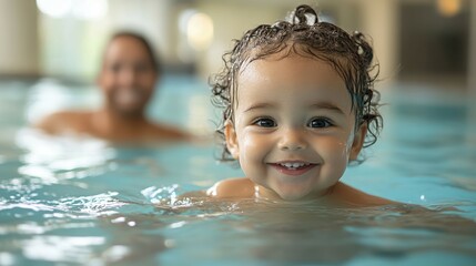 Baby first swim lesson supported by parent in pool