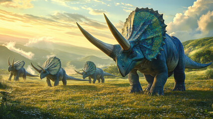 Fototapeta premium A herd of triceratops grazing in an open grassy field, gentle morning light casting long shadows, dew drops on their horns and frilled necks