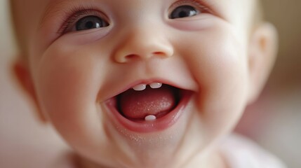 Baby first tooth closeup of gummy smile