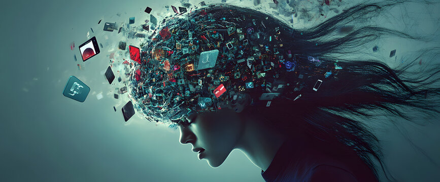 powerful visual metaphor of social media addiction, with a young woman's head bursting open from the pressure of excessive information.information illustrated by a young woman's brain exploding .