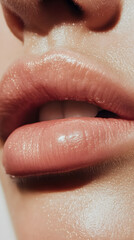 Fototapeta premium Close up view of beautiful woman lips. Fashion make up, beauty injections concept, cosmetology