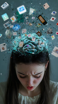 powerful visual metaphor of social media addiction, with a young woman's head bursting open from the pressure of excessive information.information illustrated by a young woman's brain exploding .
