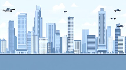 Modern city skyline with flying cars in the sky.