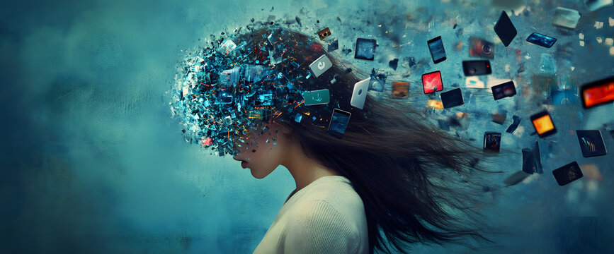 powerful visual metaphor of social media addiction, with a young woman's head bursting open from the pressure of excessive information.information illustrated by a young woman's brain exploding .