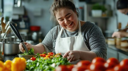 Joyful Person with Down Syndrome Cooking in a Culinary Class with Enthusiasm and Skill