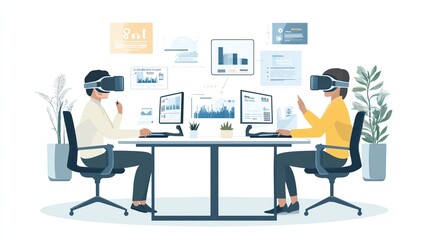 Professionals collaborating on business strategy, virtual reality workspace, futuristic design, isolated on white background