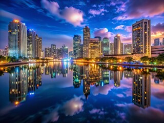 Fototapeta premium Stunning Manila Skyline at Night with Illuminated Buildings and Reflections on Water Surface