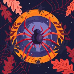 Flat lay Vector Illustration Halloween composition with spider, Happy Halloween