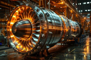 Close up of modern aircraft turbine engines and propellers in aviation and spare parts production