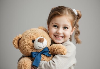 Happy little girl hugging her teddy bear