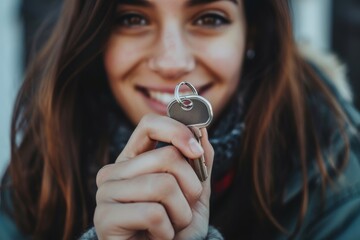 Young woman smiles while holding the key to a new apartment outdoors in a cozy urban setting. Close-up
