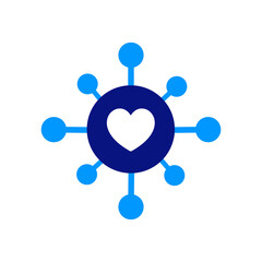 Central heart symbol with radiating lines, network, connectivity, blue tones, centralized health, organization, connection, digital heart, social link, hub, nodes.