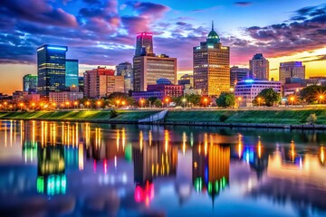 Stunning Memphis Night Skyline with Illuminated Buildings and Reflections on the River in Twilight