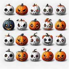 Obraz premium The pumpkins vary in color from orange to white and feature a variety of spooky expressions