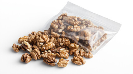 Obraz premium Transparent Pouch of Walnuts from Top Angle View on White Background.