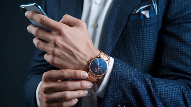 Executive on the Go: A closeup of a man's hands using a smartphone, showcasing a luxurious wristwatch and tailored suit. The image projects success, affluence, and modern business.
