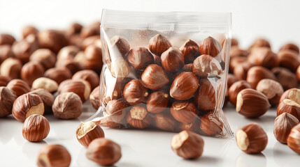 Fototapeta premium Transparent Snack Bag Filled with Hazelnuts on White Tabletop with Extra Nuts Around.