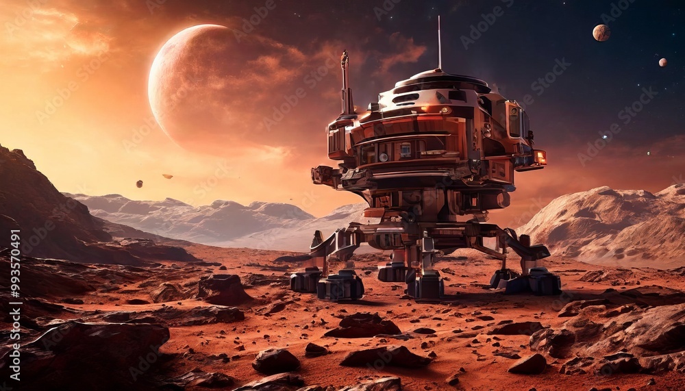 Poster a futuristic space station sits on the surface of an alien planet, illuminated by a striking red sky