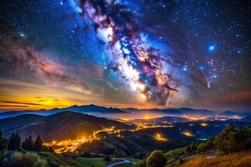 Naklejka premium Stunning Night Sky Filled with Bright Stars and Celestial Wonders Over a Serene Landscape Scene