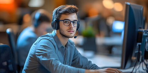 Fototapeta premium Young man working in customer service wearing a headset 