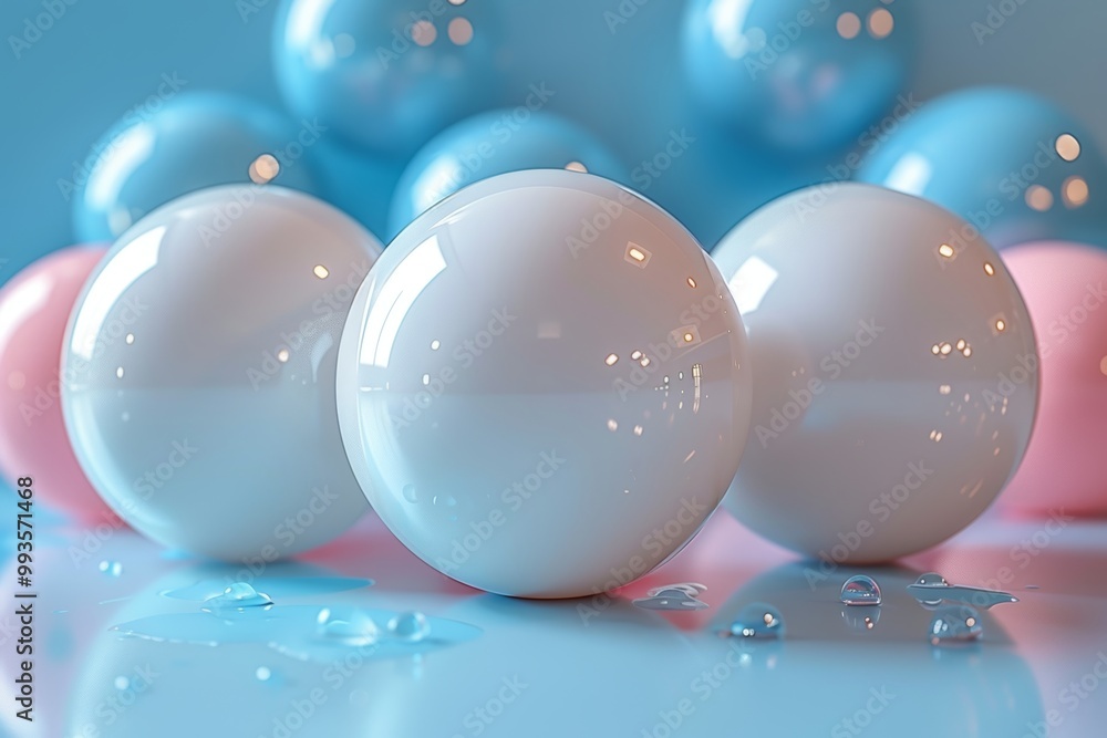 Poster colorful three dimensional balls on a modern table with geometric abstraction for presentations