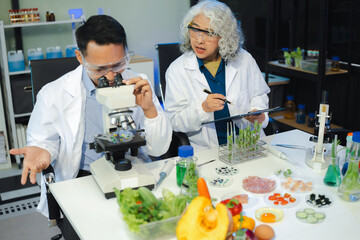 Microbiologist Working on Molecule Samples in Modern Food Science Laboratory, Control experts inspect the concentration of chemical residues. hazards, standard, contaminate.