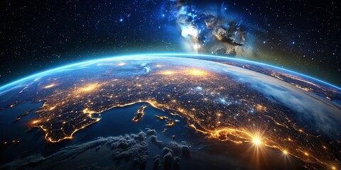 Stunning Nighttime View of Earth Illuminated by City Lights from Space with Stars in the Background